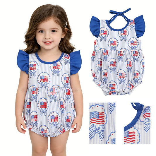 SR4029 4th of July Flag Bows Stripe Blue Flying Sleeve Girls Bubble Romper 202604 RTS