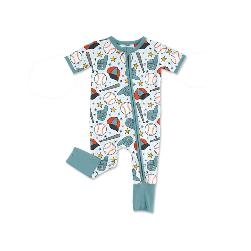 MOQ 5 PCS preorder SR4035 Baseball Star Blue Green Zip Short Sleeve Boys Romper 202601