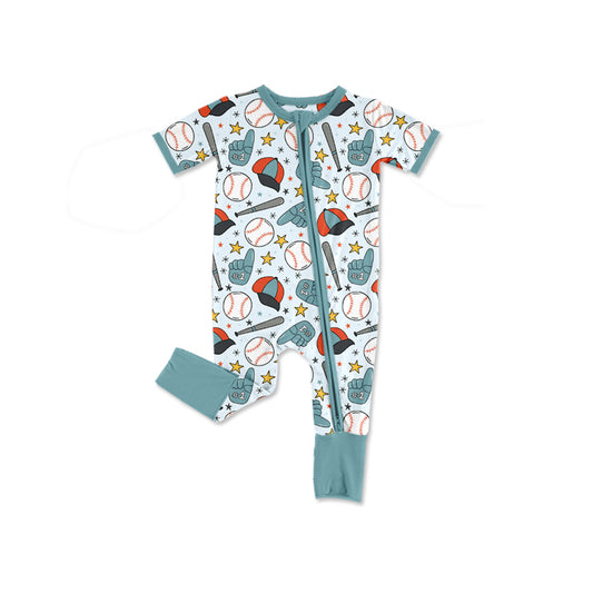 MOQ 5 PCS preorder SR4035 Baseball Star Blue Green Zip Short Sleeve Boys Romper 202601