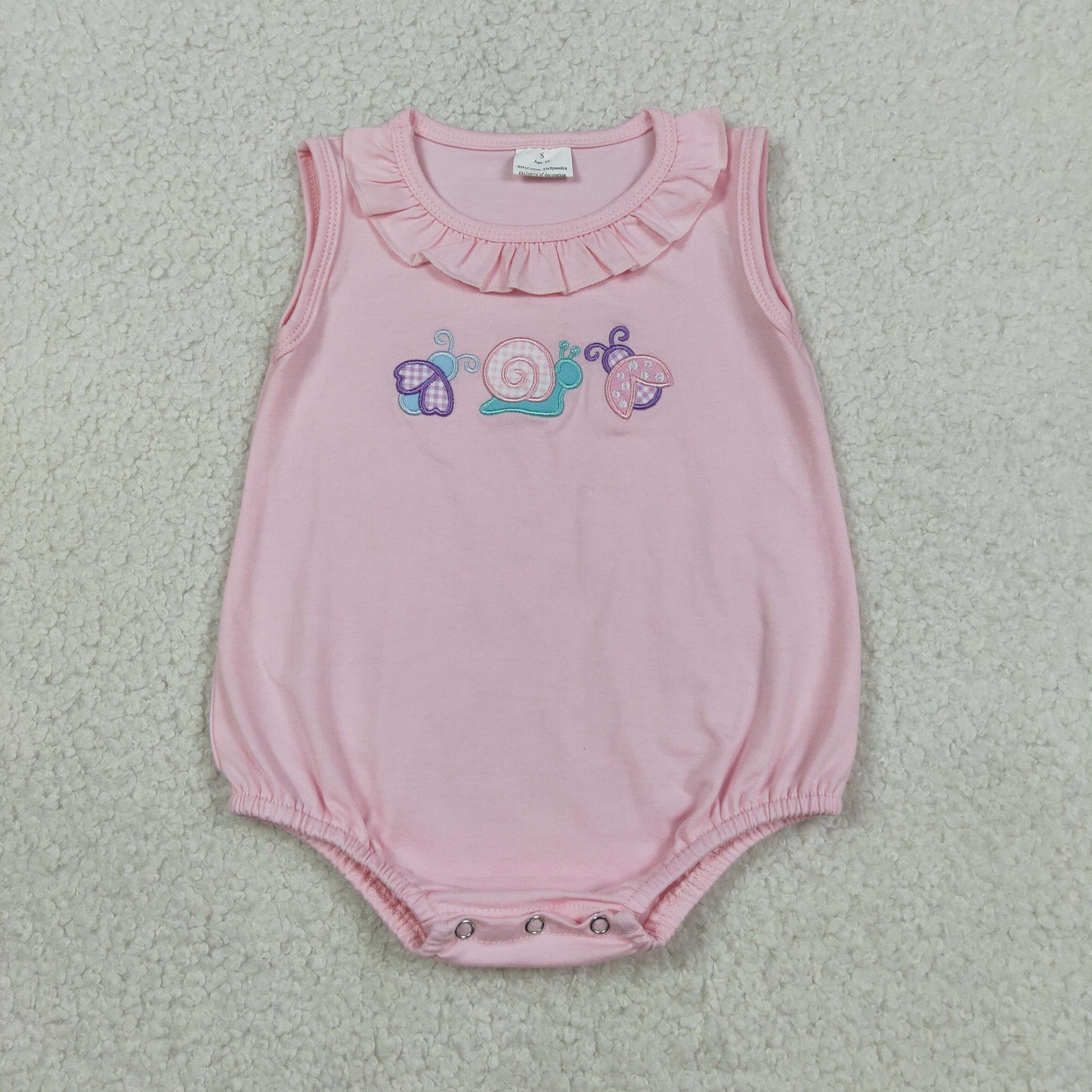 SR4037 Embroidered Snail Insect Pink Ruffle Sleeveless Girls Bubble Romper 202604 RTS