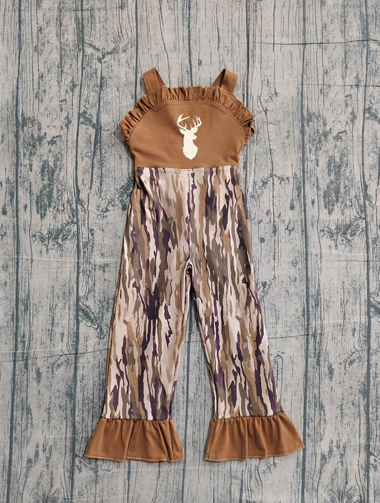 NO MOQ preorder SR4047 Embroidered Deer Hunting Camouflage Brown Ruffle Sleeveless Girls Romper Overalls Jumpsuits 202602