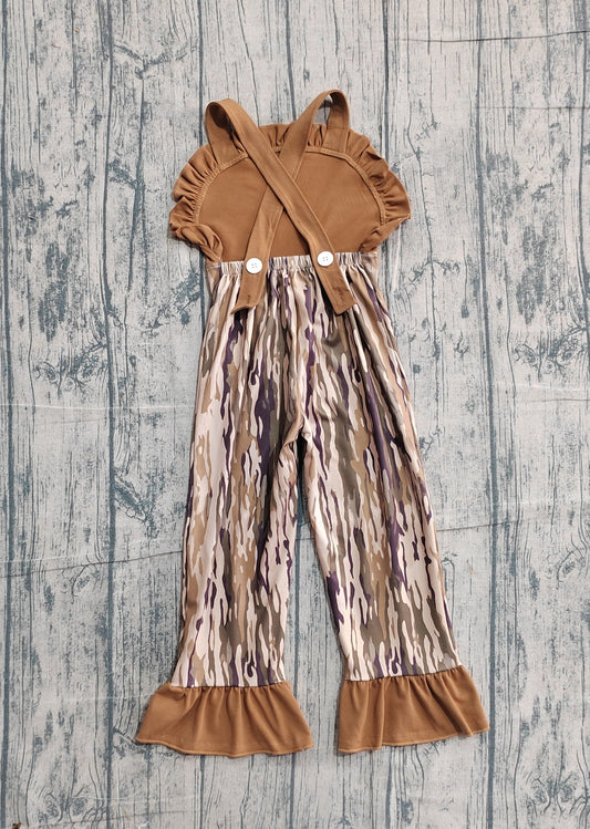 NO MOQ preorder SR4047 Embroidered Deer Hunting Camouflage Brown Ruffle Sleeveless Girls Romper Overalls Jumpsuits 202602