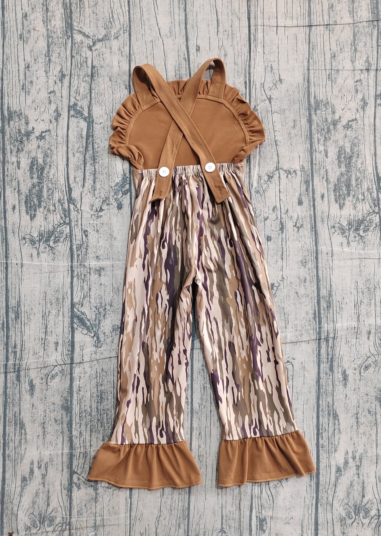 NO MOQ preorder SR4047 Embroidered Deer Hunting Camouflage Brown Ruffle Sleeveless Girls Romper Overalls Jumpsuits 202602