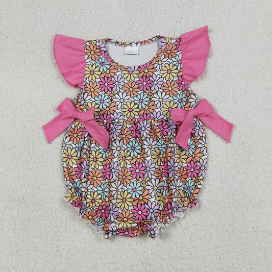 SR4049 Flower Rose Red Bows Flying Sleeve Girls Bubble Romper 202604 RTS