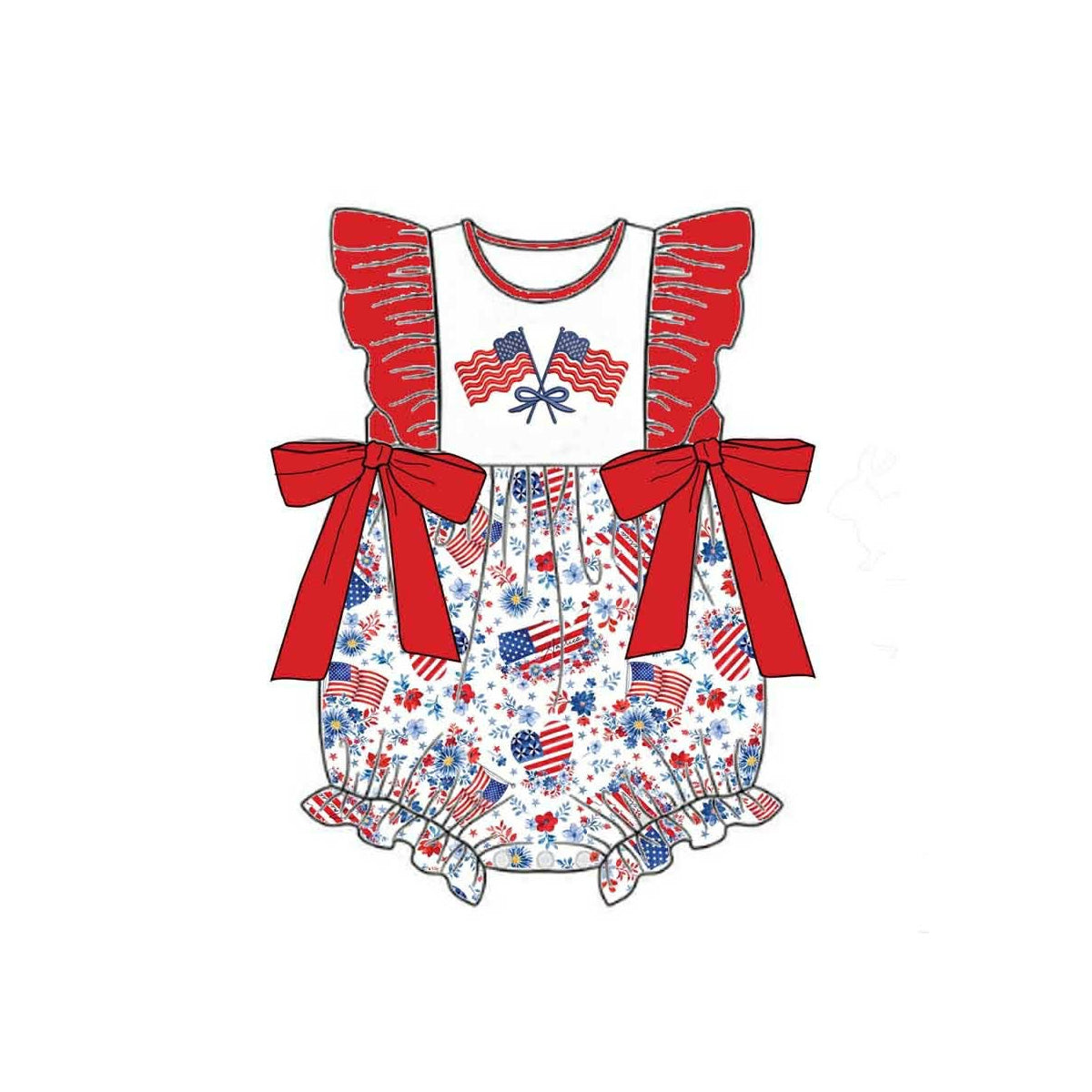 MOQ 5 PCS preorder SR4050 4th of July Flag Flower Bows Red Ruffle Flying Sleeve Girls Bubble Romper 202602