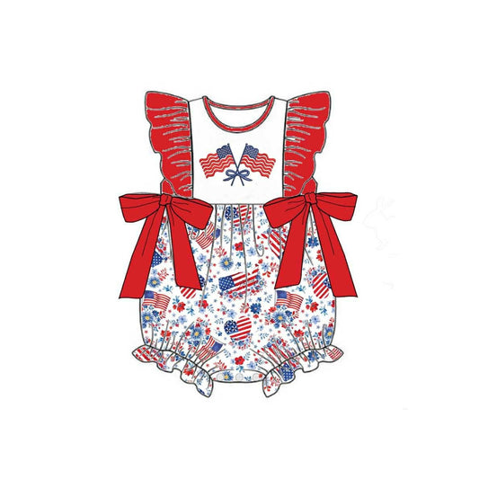 MOQ 5 PCS preorder SR4050 4th of July Flag Flower Bows Red Ruffle Flying Sleeve Girls Bubble Romper 202602