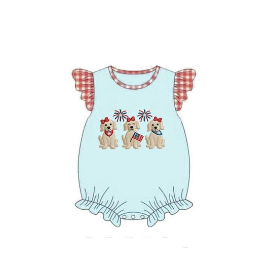 MOQ 5 PCS preorder SR4051 4th of July Puppy Flag Fireworks Red Plaid Flying Sleeve Pea Green Girls Bubble Romper 202602