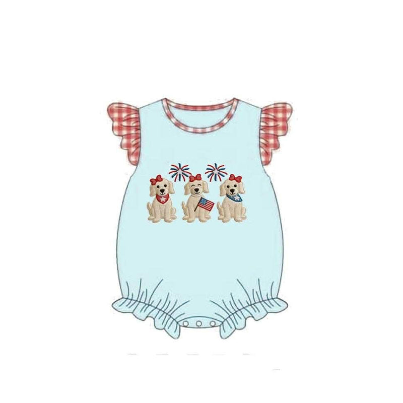 MOQ 5 PCS preorder SR4051 4th of July Puppy Flag Fireworks Red Plaid Flying Sleeve Pea Green Girls Bubble Romper 202602