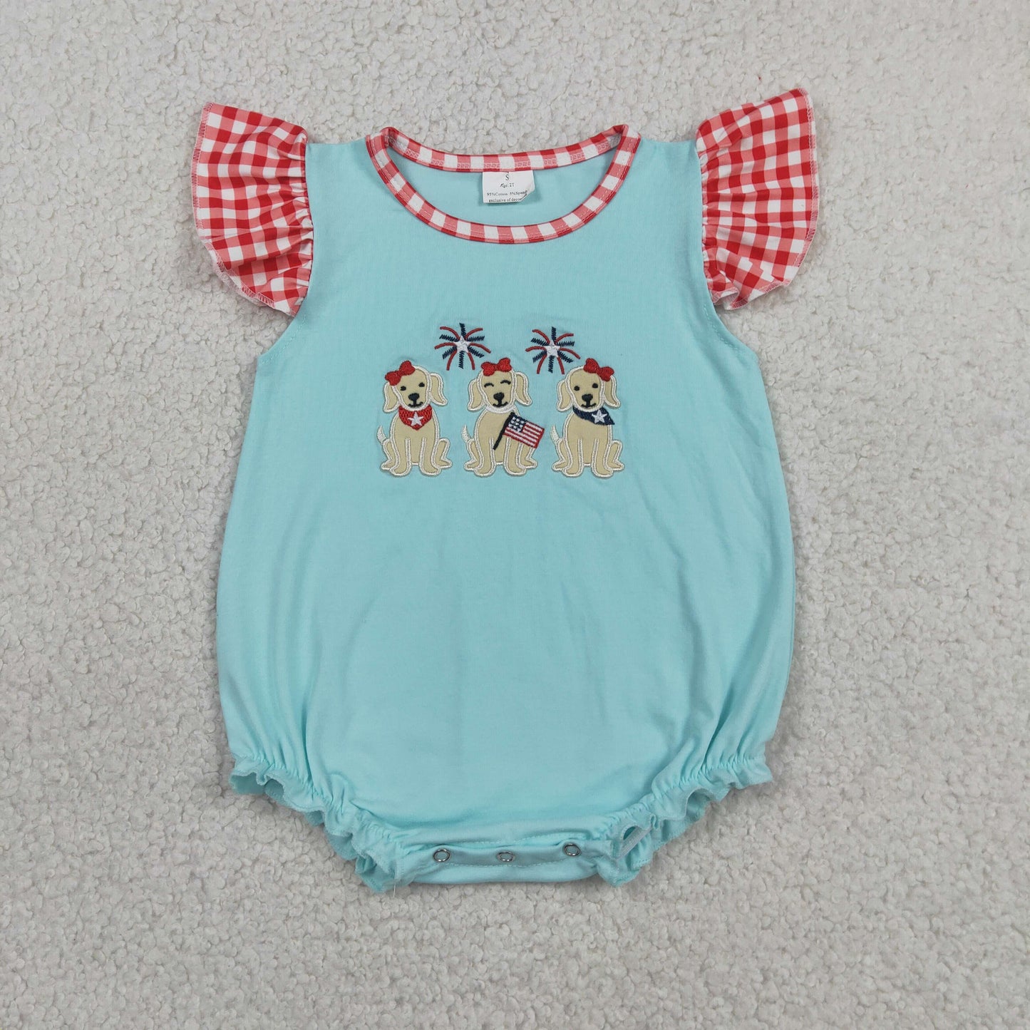 SR4051 4th of July Puppy Flag Fireworks Red Plaid Flying Sleeve Pea Green Girls Bubble Romper 202606 RTS