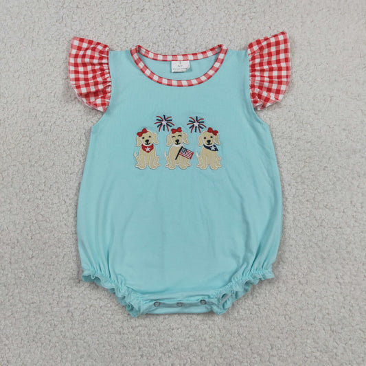 SR4051 4th of July Puppy Flag Fireworks Red Plaid Flying Sleeve Pea Green Girls Bubble Romper 202606 RTS