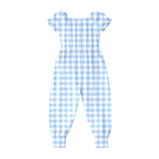 MOQ 5 PCS Preorder SR4063 Blue Plaid Short Sleeve Girls Overalls Jumpsuits 202602