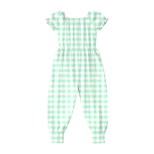 MOQ 5 PCS Preorder SR4064 Green Plaid Short Sleeve Girls Overalls Jumpsuits 202602
