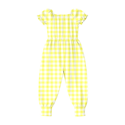 MOQ 5 PCS Preorder SR4065 Yellow Plaid Short Sleeve Girls Overalls Jumpsuits 202602