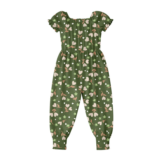 MOQ 5 PCS Preorder SR4068 Flower Dark Green Short Sleeve Girls Overalls Jumpsuits 202602