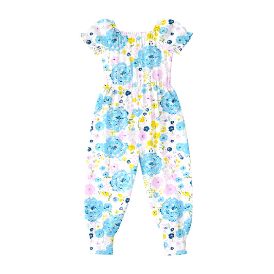 MOQ 5 PCS Preorder SR4072 Blue Flower Short Sleeve Girls Overalls Jumpsuits 202602