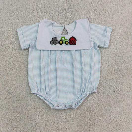 SR4075 Embroidery Farm Truck Barn Red Baby Boys Romper