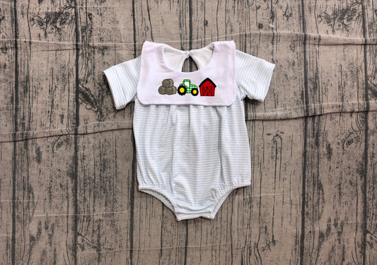 NO MOQ preorder SR4075 Embroidered Haystack Tractor Red House Blue Stripe Short Sleeve Boys Bubble Romper 202606 Sibling
