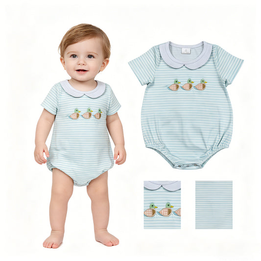 SR4081 Embroidered Ducks Doll Collar Blue Stripe Short Sleeve Boys Bubble Romper 202604 RTS
