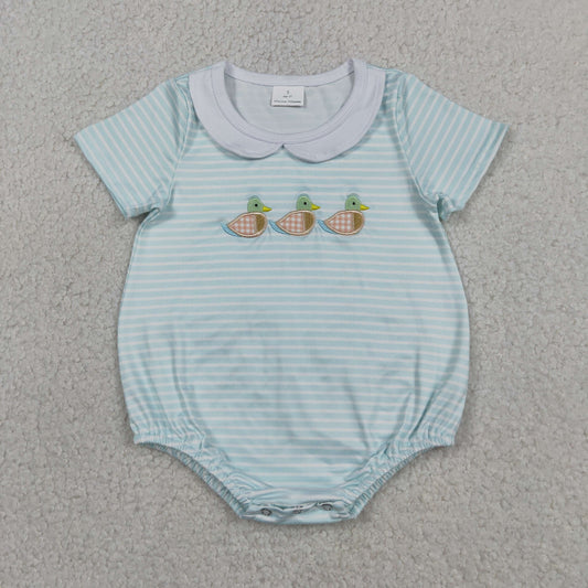 SR4081 Embroidered Ducks Doll Collar Blue Stripe Short Sleeve Boys Bubble Romper 202604 RTS