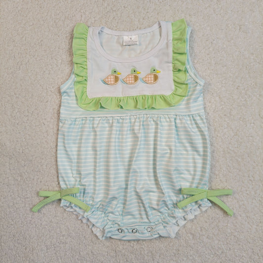 SR4082 Embroidered Ducks Green Ruffle Blue Stripe Sleeveless Girls Bubble Romper 202604 RTS