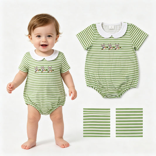 SR4083 Embroidered Duck Hunting Doll Collar Green Stripe Short Sleeve Boys Bubble Romper 202604 RTS