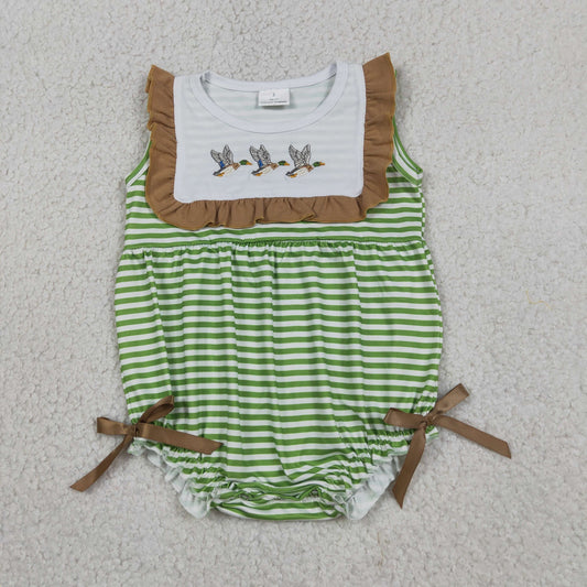 SR4084 Embroidered Duck Hunting Brown Ruffle Green Stripe Sleeveless Girls Bubble Romper 202605 RTS