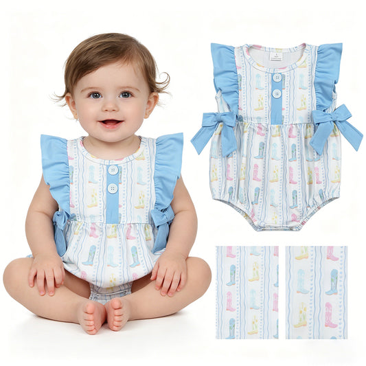 SR4088 Boots Love Light Blue Green Ruffle Sleeveless Girls Bubble Romper 202604 RTS
