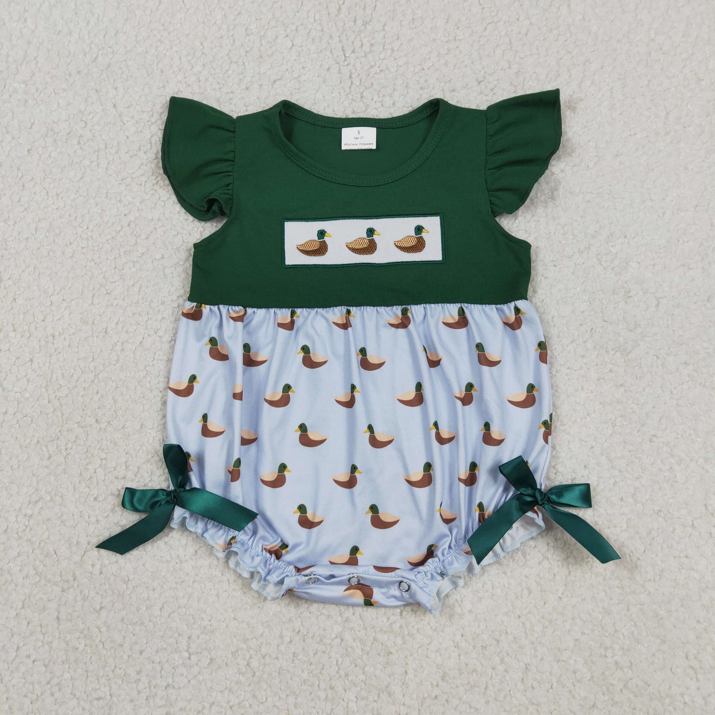 SR4091 Embroidered Duck Hunting Dark Green Fly Sleeve Girls Bubble Romper 202605 RTS