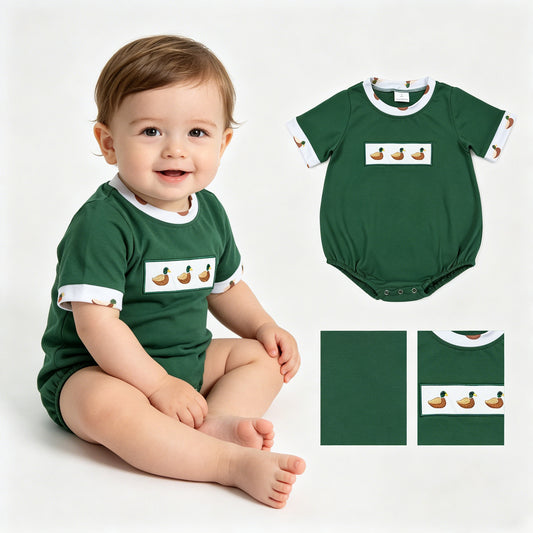 SR4092 Embroidered Duck Hunting Dark Green Short Sleeve Boys Bubble Romper 202604 RTS