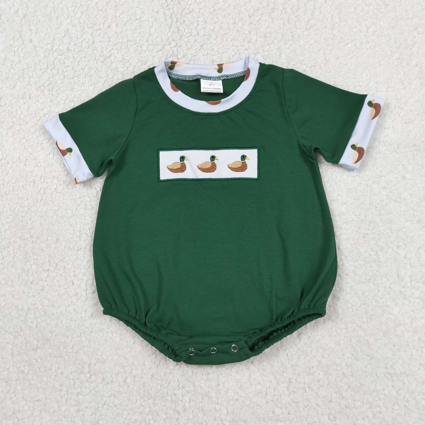 SR4092 Embroidered Duck Hunting Dark Green Short Sleeve Boys Bubble Romper 202604 RTS