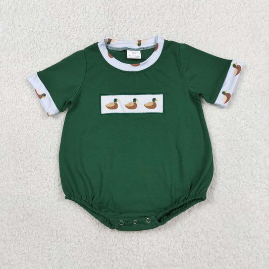 SR4092 Embroidered Duck Hunting Dark Green Short Sleeve Boys Bubble Romper 202604 RTS