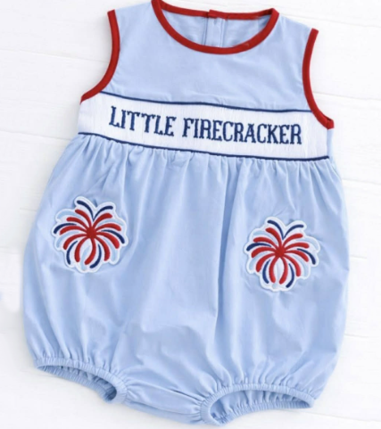 MOQ 5 PCS preorder SR4093 4th of July Fireworks Little Firecracker Letter Blue Sleeveless Boys Bubble Romper 202603