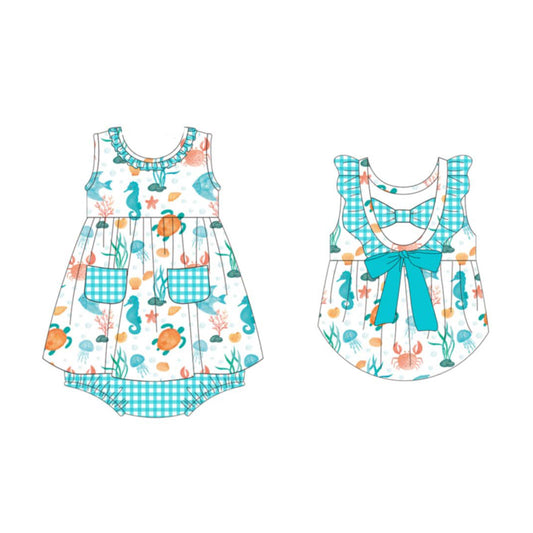 MOQ 5 PCS preorder SR4098 Sea Turtle Seahorse Jellyfish Blue Green Plaid Bows Pocket Sleeveless Girls Bubble Romper 202603 Sibling