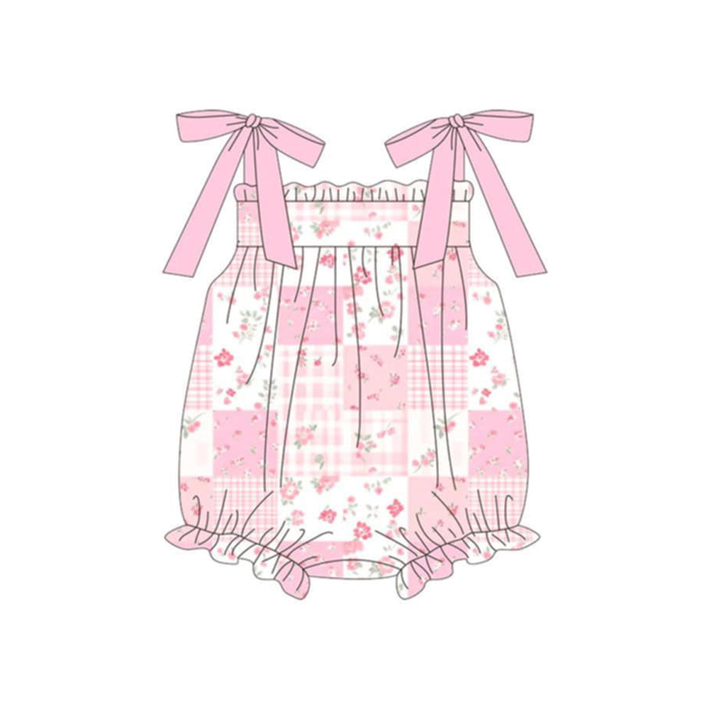 MOQ 5 PCS preorder SR4099 Flower Floral Plaid Ruffle Pink Sleeveless Girls Bubble Romper 202603