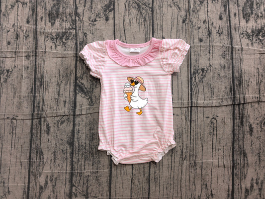 NO MOQ preorder SR4101 Embroidered Goose Ice Cream Pink Stripe Ruffle Short Sleeve Girls Bubble Romper 202606 Sibling