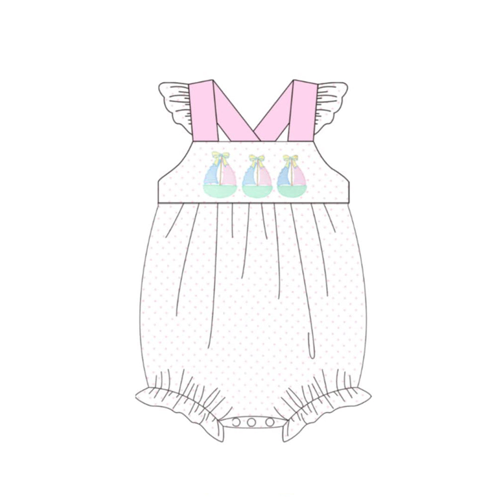 MOQ 5 PCS preorder SR4103 Sailboat Pink Dots Fly Sleeve Girls Bubble Romper 202603 Sibling