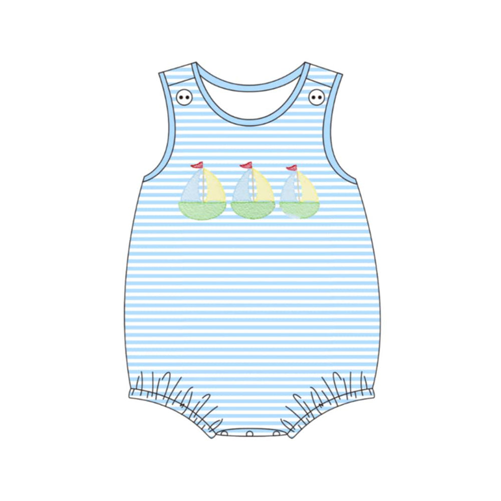 MOQ 5 PCS preorder SR4104 Sailboat Blue Stripe Sleeveless Boys Bubble Romper 202603 Sibling