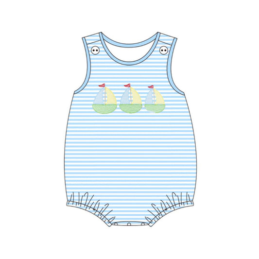 MOQ 5 PCS preorder SR4104 Sailboat Blue Stripe Sleeveless Boys Bubble Romper 202603 Sibling