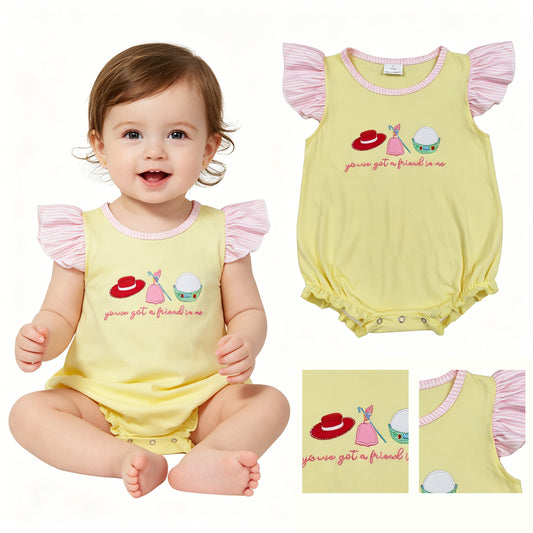 SR4105 Embroidered Friend Letter Cartoon Hat Yellow Fly Sleeve Girls Bubble Romper 202605 RTS Sibling