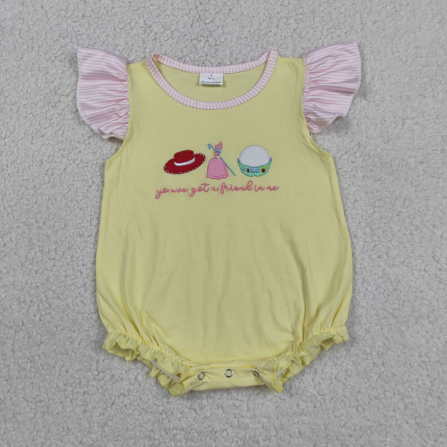 SR4105 Embroidered Friend Letter Cartoon Hat Yellow Fly Sleeve Girls Bubble Romper 202605 RTS Sibling