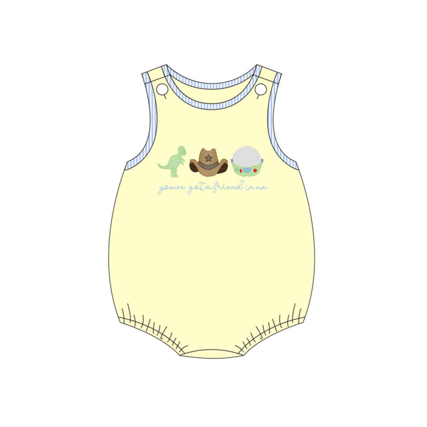 MOQ 5 PCS preorder SR4106 Friend Letter Cartoon Hat Yellow Sleeveless Boys Bubble Romper 202603 Sibling