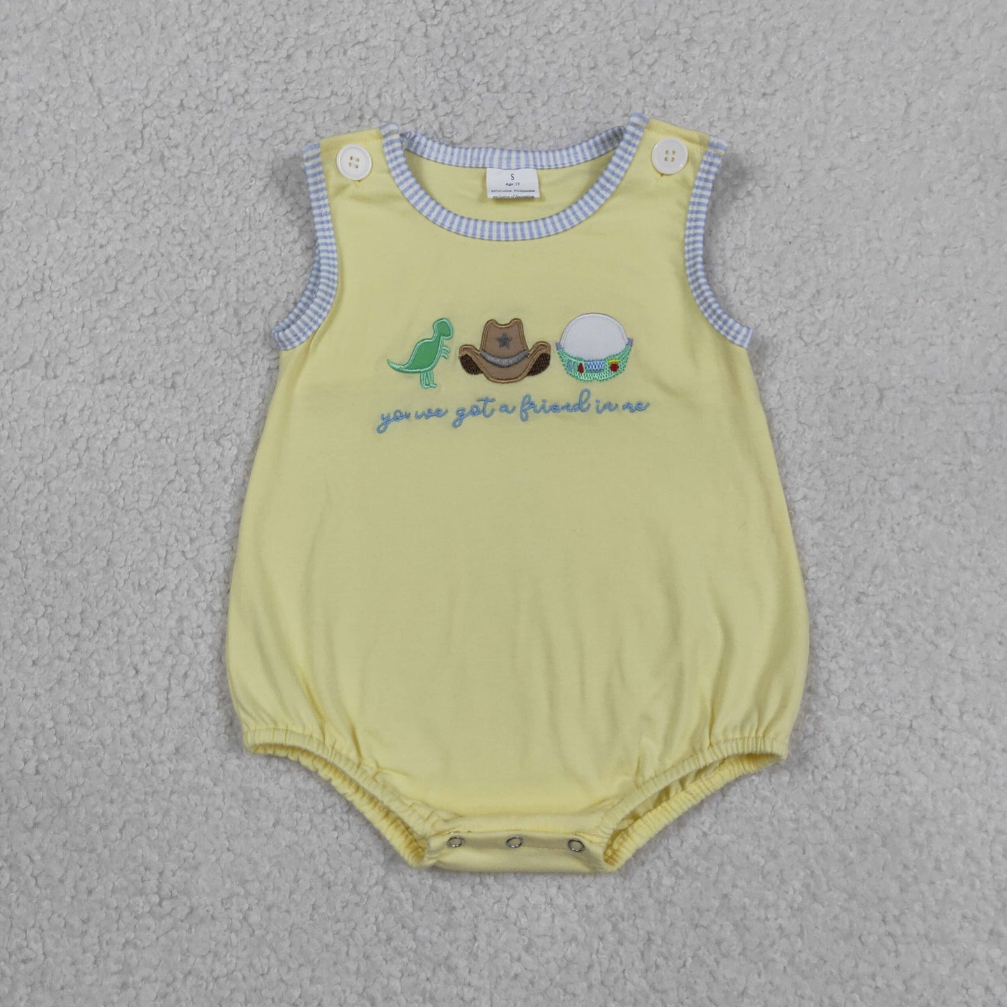 SR4106 Embroidered Friend Letter Cartoon Hat Yellow Sleeveless Boys Bubble Romper 202605 RTS Sibling