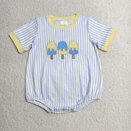 SR4107 Embroidered Ice Cream Blue Stripe Short Sleeve Boys Bubble Romper 202606 RTS Sibling