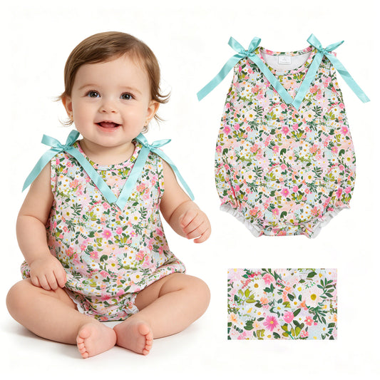 SR4111 Flower Leaf Blue Green Bows Sleeveless Girls Bubble Romper 202605 RTS Sibling