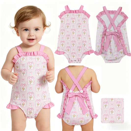 SR4112 Flower Bows Stripe Pink Ruffle Sleeveless Girls Bubble Romper 202604 RTS Sibling