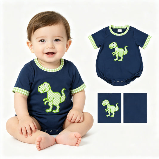 SR4113 Embroidered Dinosaur Green Plaid Navy Short Sleeve Boys Bubble Romper 202604 RTS Sibling
