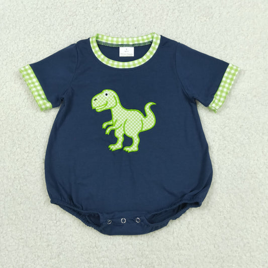SR4113 Embroidered Dinosaur Green Plaid Navy Short Sleeve Boys Bubble Romper 202604 RTS Sibling