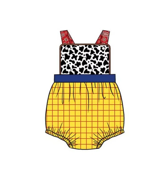 MOQ 5 PCS preorder SR4114 Cartoon Character Cow Print Yellow Plaid Sleeveless Boys Bubble Romper 202603 Sibling