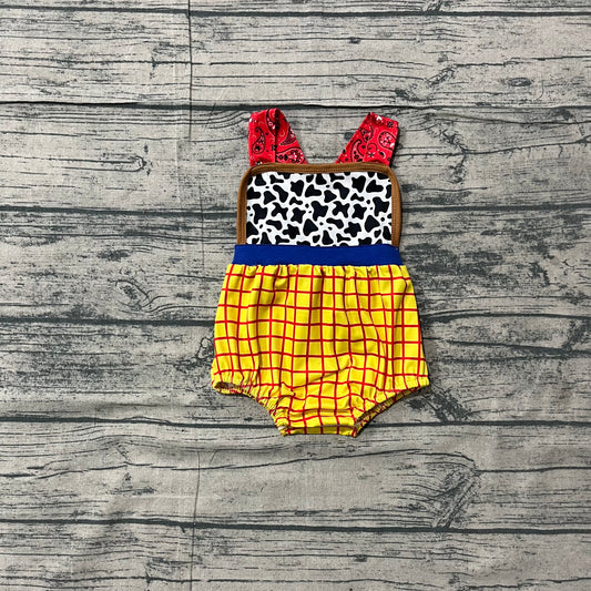 NO MOQ preorder SR4114 Cartoon Character Cow Print Yellow Plaid Sleeveless Boys Bubble Romper 202603 Sibling