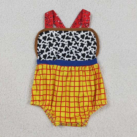 SR4114 Cartoon Character Cow Print Yellow Plaid Sleeveless Boys Bubble Romper 202604 RTS Sibling